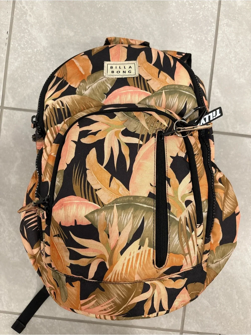 Billabong Men's Tropical Leaf Backpack - Black & Peach Rare Flower print